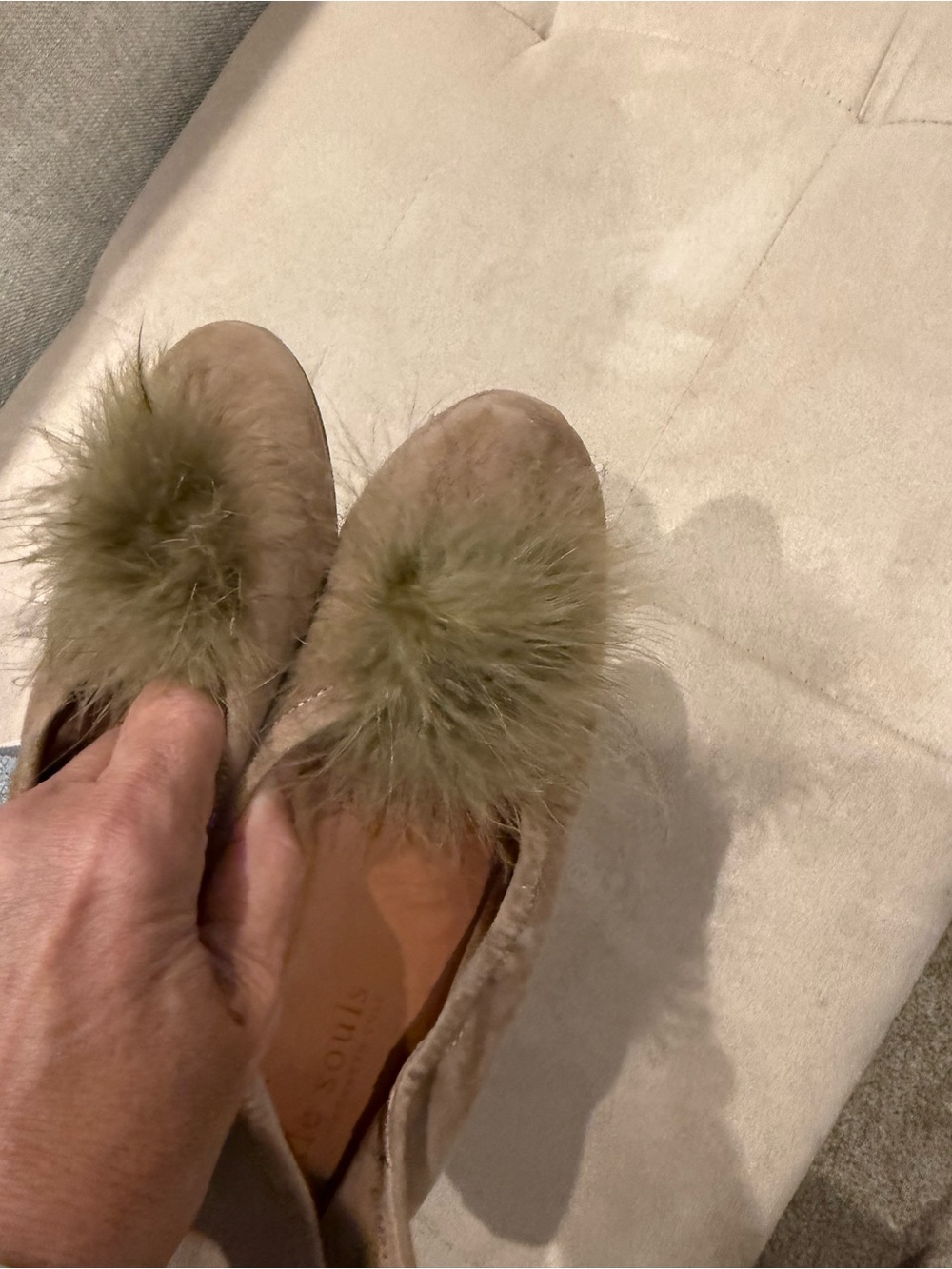 Kenneth Cole Taupe Suede Loafers with Olive Pom-Poms